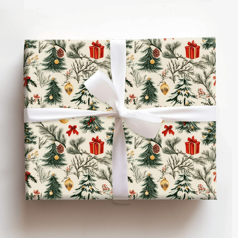Christmas Tree Pinecone Gift Wrap, Vintage Botanical Wrapping Paper, Nostalgic Cream Holiday Wrapping Paper, Classic Winter Wrapping Paper