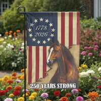 Patriotic Horse Garden Flag | 250 Years Strong USA American Flag 1778 2026 | Double Sided Weatherproof Polyester | Rustic Yard Decor Gift for Horse Lovers