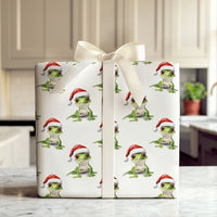 Santa Hat Lizard Gift Wrap Roll, Green Gecko Christmas Wrapping Paper, Adorable Reptile Holiday Wrapping Paper, Animal Lover Xmas Gift Wrap