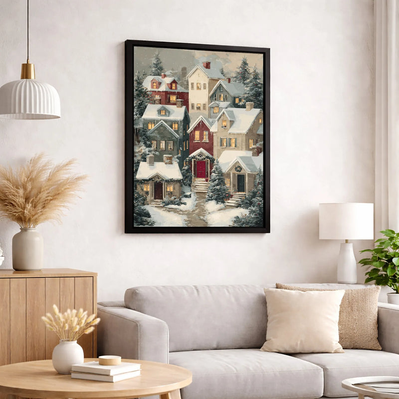 Winter Pine Trees Landscape Canvas, Snowy Christmas Village Canvas Print, Holiday Village Wall Art, Comfy Winter Canvas Art, Christmas Decor