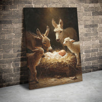 Baby Jesus with Animals Christmas Canvas, Nativity Scene Canvas Wall Art, Holy Nativity Canvas Print, Religious Winter Holiday Wall Decor