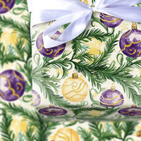 Watercolor Holiday Pine Gift Wrap, Purple and Gold Ornament Christmas Wrapping Paper, Festive Baubles Wrapping Paper, Elegant Xmas Gift Wrap