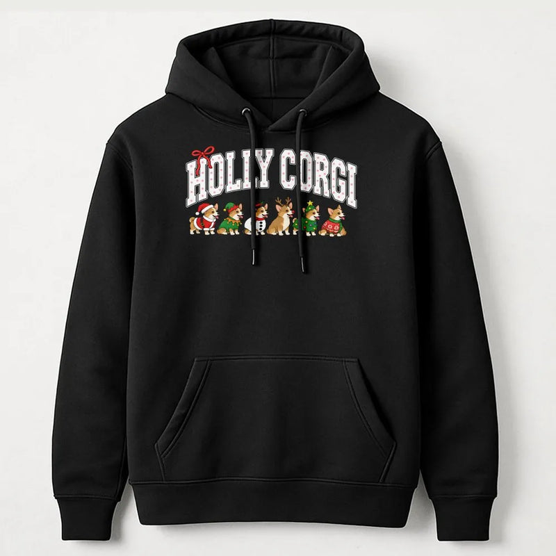Humorous Corgi Dog Holiday Hooded Sweatshirt, Holly Corgi Christmas Hoodie, Retro Corgi Christmas Dog Hoodie, Corgi Lover Christmas Present