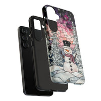 Winter Snowy Trees Samsung Galaxy Tough Phone Case, Stained Glass Snowman Phone Case, Holiday Season Hard Cover, Christmas Phone Case Present