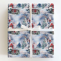 Winter Wonderland Gift Wrap, Snowy Red House Christmas Wrapping Paper, Comfy Cabin Holiday Wrapping Paper, Festive Scenic Gift Wrap Roll