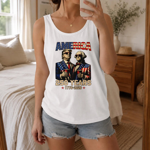 America 250 Years Tank Top | Trump Washington Sunglasses Party Art | Soft Breathable Unisex Fit | Fourth of July Gift for Patriots