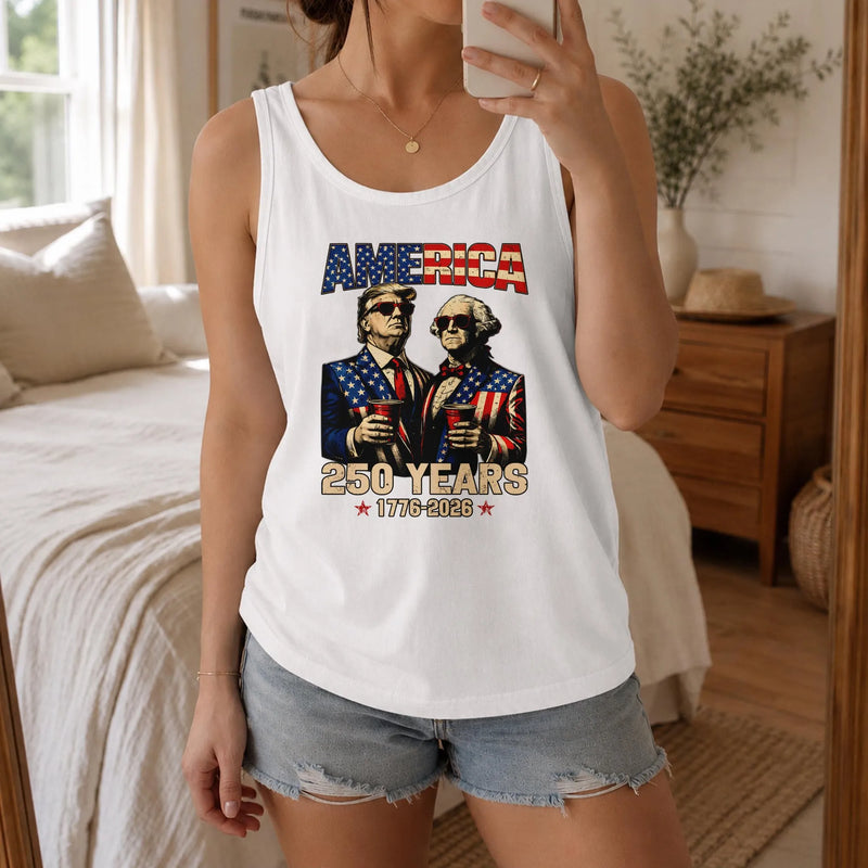 America 250 Years Tank Top | Trump Washington Sunglasses Party Art | Soft Breathable Unisex Fit | Fourth of July Gift for Patriots