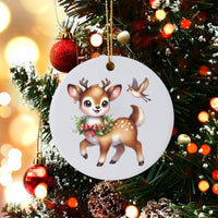 Adorable Fawn with Wreath Ornament, Baby Deer Christmas Ornament, Woodland Bird Ceramic Ornament, Rustic Holiday Tree Decor, Nature Lover Present