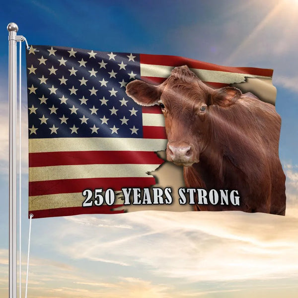 250 Years Strong Cow American Flag | Farmhouse Patriotic Decor | Double-Sided Weather-Resistant Polyester | USA Heritage Gift