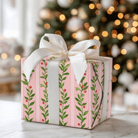 Watercolor Holly Berry Gift Wrap, Pink Christmas Wrapping Paper, Pink Striped Holiday Present Paper, Festive Vine Christmas Wrapping Paper