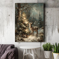 Snowy Forest Fawn Poster, Christmas Deer Wall Art, Lit Tree Winter Painting Print, Woodland Holiday Decor Printable, Deer Digital Download