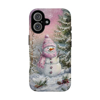 Adorable Holiday Snowman Tough Phone Cover, Pink Christmas Snowman Winter Phone Case, Festive Xmas Season Phone Case