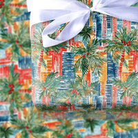 Palm Tree Cityscape Gift Wrap, Tropical Christmas Wrapping Paper, Red Berry Watercolor Gift Wrapping Paper, Coastal Holiday Present Wrap