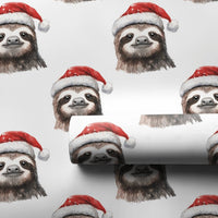 Watercolor Sloth Gift Wrap, Christmas Sloth Wrapping Paper, Adorable Santa Hat Sloth Holiday Paper, Animal Lover Xmas Gift Wrapping Paper