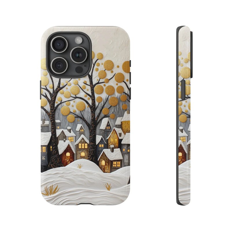 Snowy Town Golden Trees Holiday Case, Winter Village Phone Case iPhone, Comfy Christmas Tough Phone Case, Winter Wonderland Phone Cover
