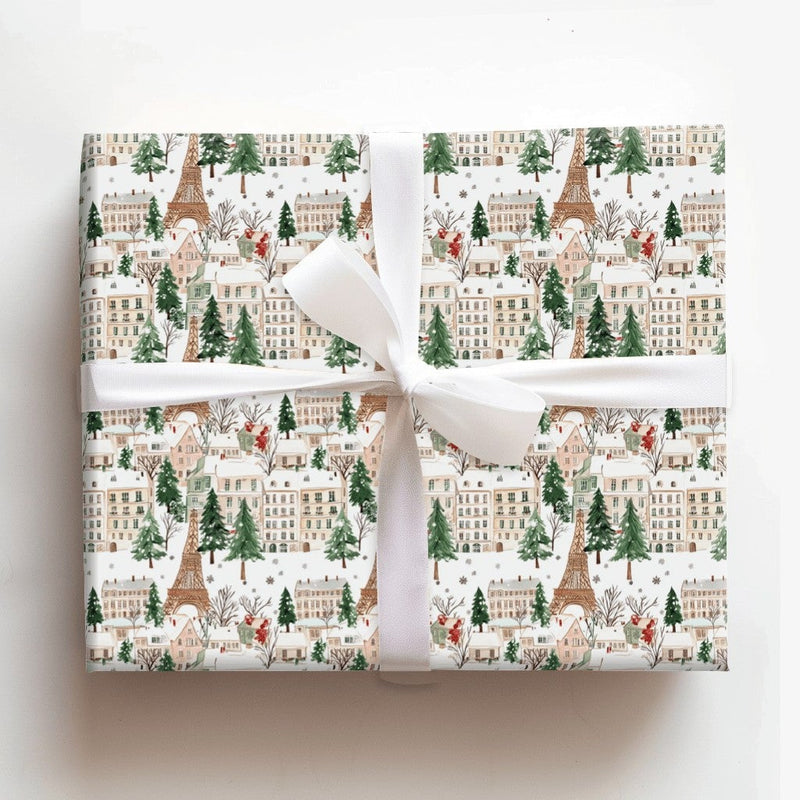 Eiffel Tower Christmas Gift Wrap, Snowy Paris Wrapping Paper, Watercolor France Winter Gift Wrap, Holiday Present Paper, Travel Lover Present