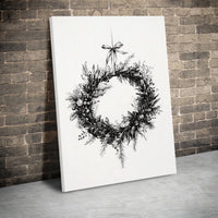 Black and White Botanical Holiday Sketch Print, Christmas Wreath Canvas Wall Art, Farmhouse Xmas Decor, Printable Digital Download Present