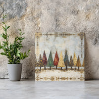 Abstract Winter Forest Canvas Print, Rustic Christmas Trees Square Wall Art, Gold Leaf Holiday Poster, Farmhouse Decor Digital Download