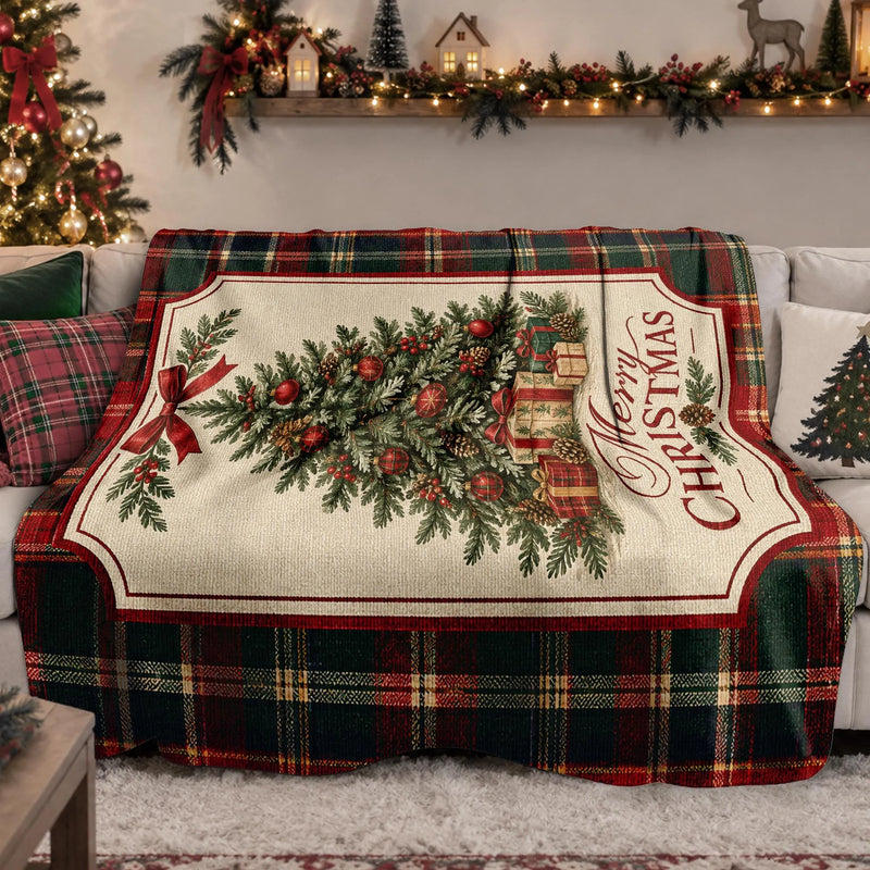 Red Green Tartan Plaid Throw Blanket, Merry Christmas Tree Sherpa Blanket, Holiday Couch Blanket, Festive Plaid Fleece Blanket