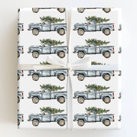 Farmhouse Tree Holiday Wrapping Paper, Vintage Blue Truck Christmas Wrapping Paper, Watercolor Rustic Xmas Gift Wrap, Winter Gift Wrap Roll