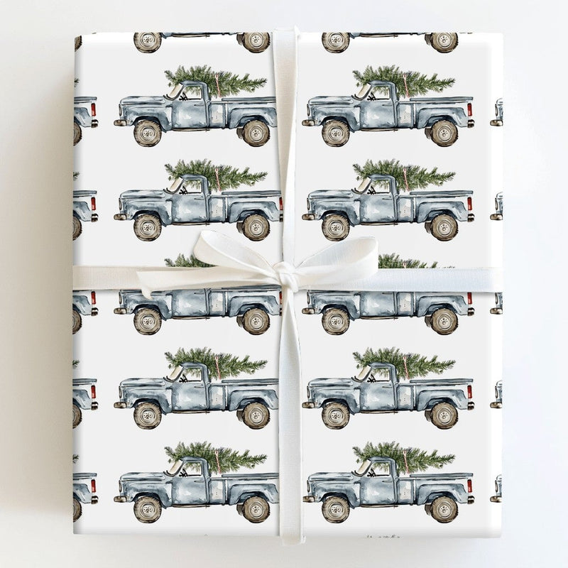 Farmhouse Tree Holiday Wrapping Paper, Vintage Blue Truck Christmas Wrapping Paper, Watercolor Rustic Xmas Gift Wrap, Winter Gift Wrap Roll