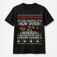 Humorous Ugly Christmas Sweater Style Tee, Run Over by A Reindeer T-Shirt, Sarcastic Holiday Party Shirt, Retro Christmas Humor T-Shirt