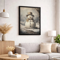 Rustic Winter Forest Painting, Vintage Snowman Wall Art Canvas, Christmas Wall Decor, Holiday Season Canvas Print, Seasonal Home Present