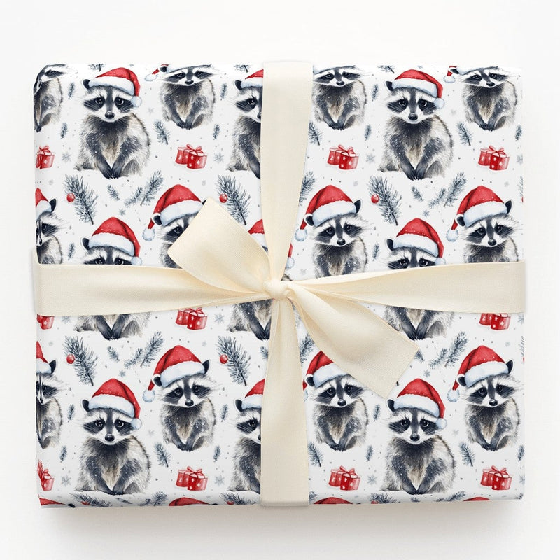 Adorable Animal Holiday Gift Wrap, Santa Hat Raccoon Wrapping Paper, Watercolor Christmas Raccoon Paper, Winter Forest Wrapping Paper Roll