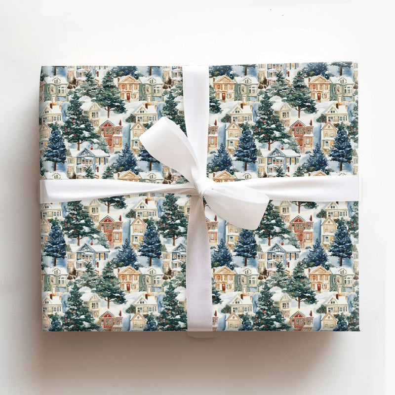 Watercolor Winter Town Gift Wrap, Snowy Village Christmas Wrapping Paper, Comfy Christmas Village Present Paper, Holiday Wrapping Paper