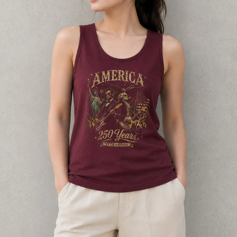 America 250 Years Tank Top | George Washington Abraham Lincoln Vintage Art | Soft Breathable Cotton Blend | Patriotic Gift for History Lovers