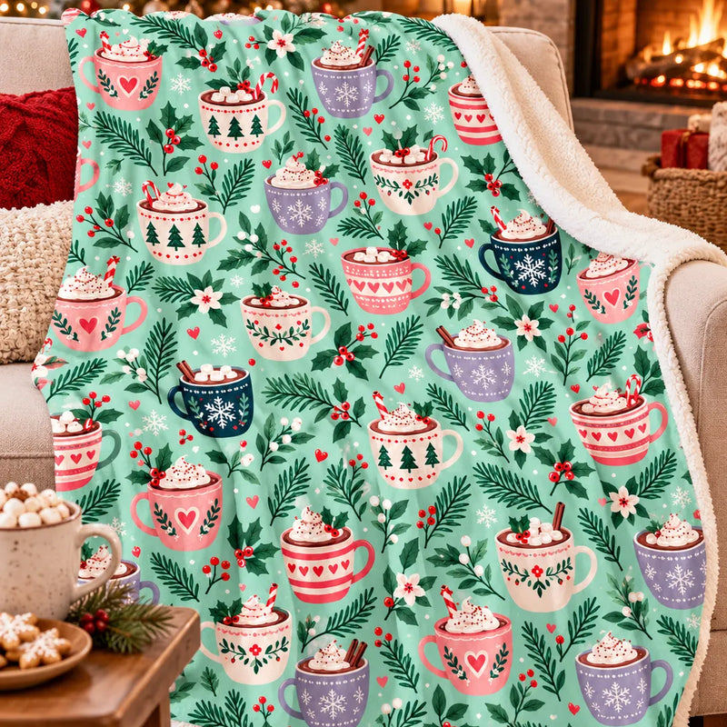 Marshmallow Candy Cane Sherpa Throw Blanket, Mint Hot Cocoa Mugs Christmas Blanket, Retro Holiday Cocoa Fleece Blanket, Comfy Winter Present
