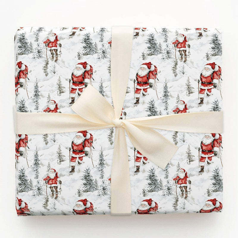 Snowy Mountain Santa Gift Wrap, Hiking Santa Wrapping Paper, Hiker Santa Christmas Paper, Trekking Present Wrap, Adventure Holiday Gift Wrap