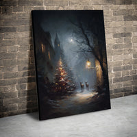 Snowy Forest Deer and Streetlamp Print, Christmas Canvas Wall Art, Winter Holiday Xmas Digital Download Poster, Festive Farmhouse Decor