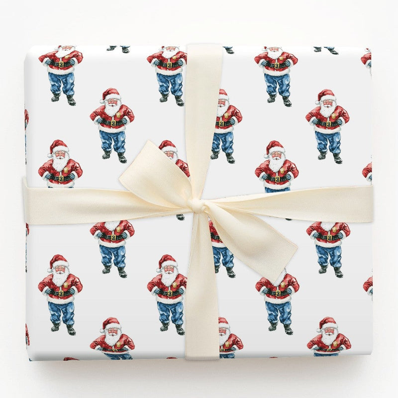 JB Buckle Christmas Gift Wrap, Watercolor Santa in Jeans Wrapping Paper, Humorous Blue Jeans Santa Holiday Wrapping Paper, Xmas Gift Wrap