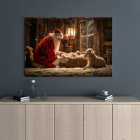 Christian Nativity Scene Printable Wall Art, Santa Kneeling Before Baby Jesus Digital Download, Christmas Holiday Home Decor