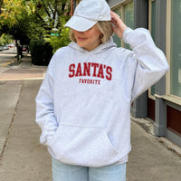 Retro Varsity Christmas Sweatshirt, Santa's Favorite Hoodie, Humorous Xmas Quote Pullover, Festive Holiday Season Party Hooded Sweater