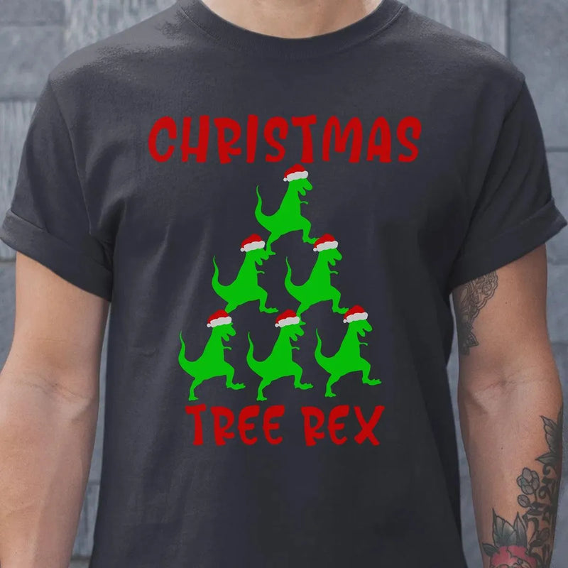 Humorous Dinosaur Holiday Graphic Tee, Christmas Tree Rex Shirt, Adorable Trex Christmas T-Shirt, Festive Dino Lover Shirt, Holiday Season Tee