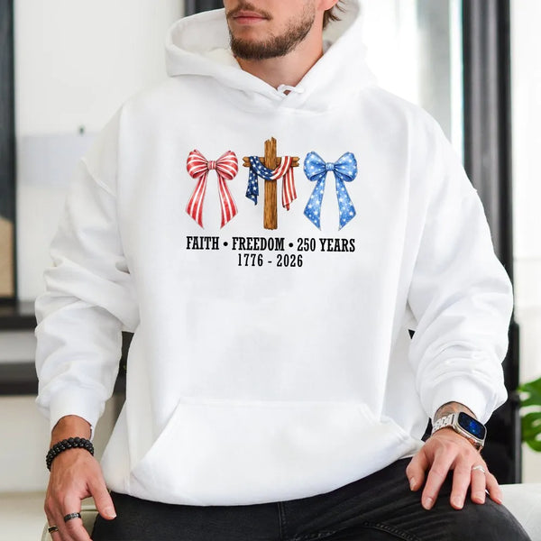 Patriotic Christian Hoodie | Faith Freedom 250 Years Cross Graphic | Cozy Cotton-Blend Pullover | Gift for Patriotic Christian