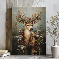 Christmas Pinecone Winter Stag Canvas Print, Majestic Deer Holly Canvas Wall Art, Rustic Holiday Cabin Decor, Farmhouse Nature Art