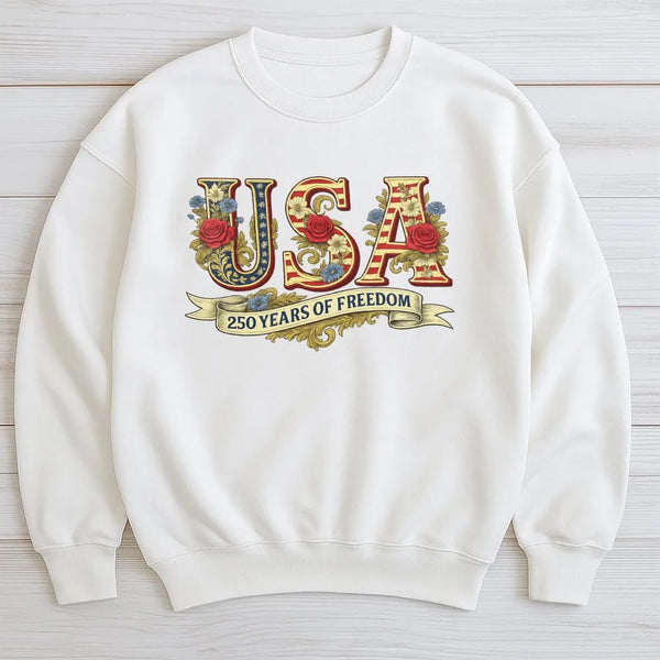 USA 250 Years Of Freedom Sweatshirt | Floral American Flag Typography | Cotton Blend Premium Crewneck | Patriotic July 4th Gift For Americans