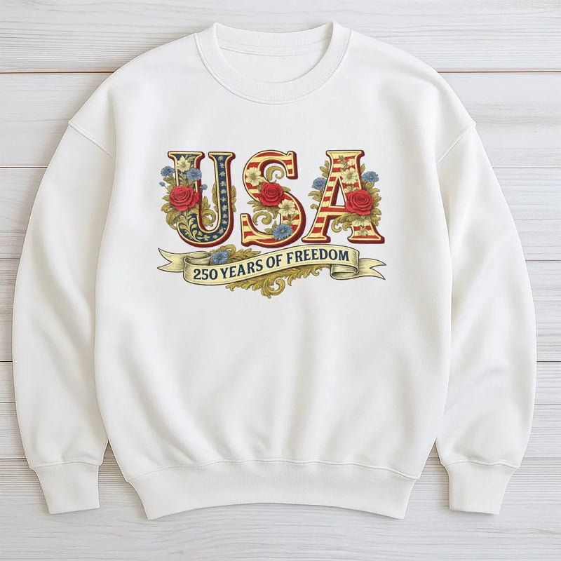 USA 250 Years Of Freedom Sweatshirt | Floral American Flag Typography | Cotton Blend Premium Crewneck | Patriotic July 4th Gift For Americans