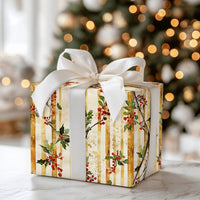 Gold Stripe Christmas Gift Wrap, Watercolor Holly Wrapping Paper, Vintage Berry Botanical Wrapping Paper, Holiday Present Wrapping Paper