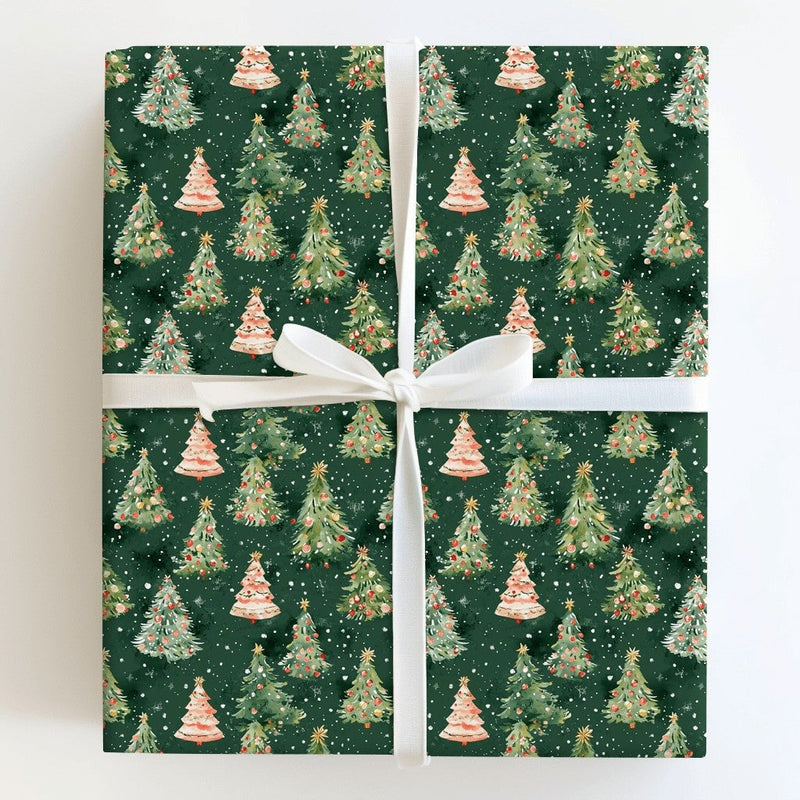 Forest Tree Holiday Gift Wrap, Watercolor Christmas Tree Wrapping Paper, Snowy Winter Wrapping Paper, Festive Xmas Gift Wrap Paper