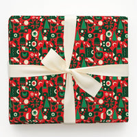 Modern Folk Art Gift Wrap, Geometric Christmas Wrapping Paper, Abstract Tree and Star Wrapping Paper, Red Scandinavian Xmas Gift Wrap Roll