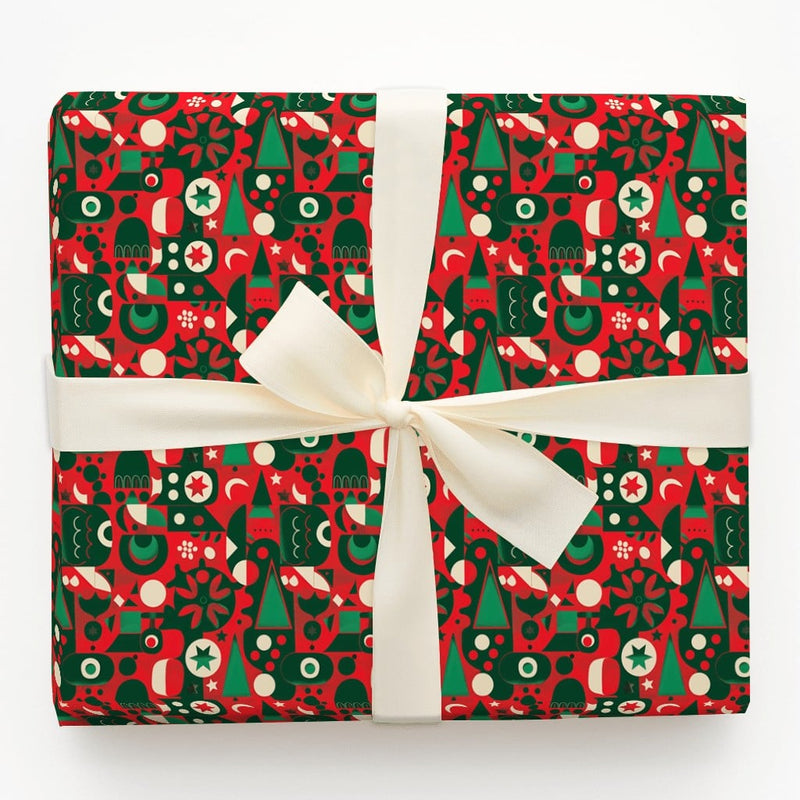 Modern Folk Art Gift Wrap, Geometric Christmas Wrapping Paper, Abstract Tree and Star Wrapping Paper, Red Scandinavian Xmas Gift Wrap Roll