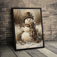 Vintage Winter Holiday Canvas Wall Art, Rustic Snowman Canvas Print, Farmhouse Christmas Canvas Painting, Festive Seasonal Decor Present