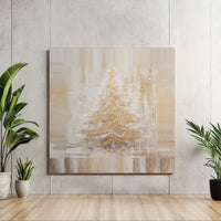 Painterly Snowy Pine Star Print, Golden Christmas Tree Canvas Wall Art, Neutral Holiday Digital Download, Seasonal Wall Decor Present