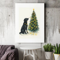 Holiday Dog Lights Canvas Print, Black Labrador Christmas Canvas Wall Art, Watercolor Lab Decor, Dog Lover Xmas Wall Decor