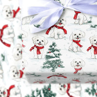 Winter Puppy Holiday Wrapping Paper, Maltese Dog Christmas Wrapping Paper, Snowy Tree Dog Wrapping Paper, Festive Pet Lover Gift Wrap Roll