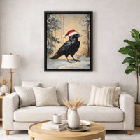 Winter Raven in Santa Hat Canvas Print, Christmas Crow Canvas Wall Art, Holiday Bird Painting Canvas, Festive Animal Decor, Bird Lover Present